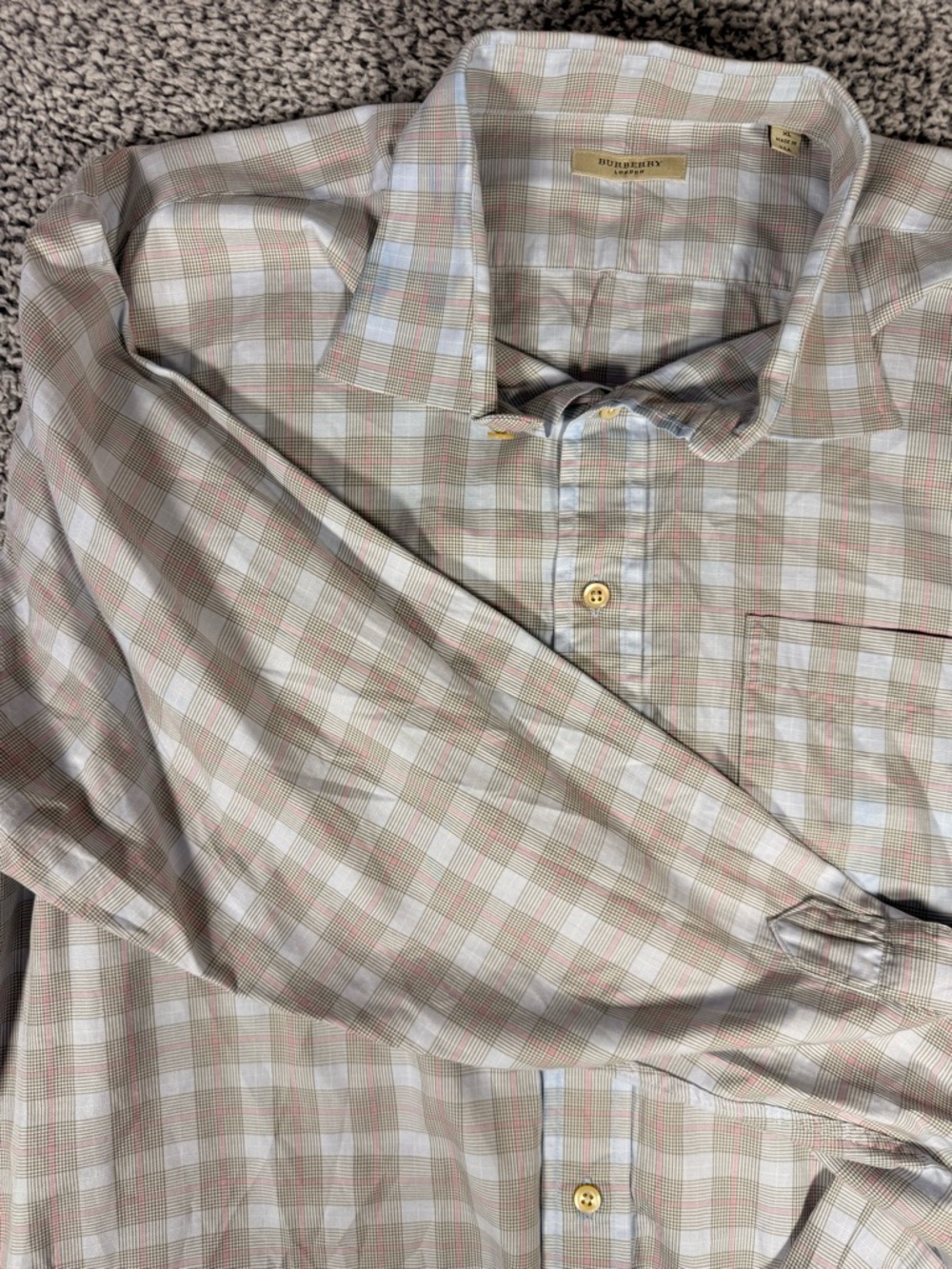 Burberry London Mens Gray Blue Pink Plaid Classic Fit Button Up Shirt XL USA